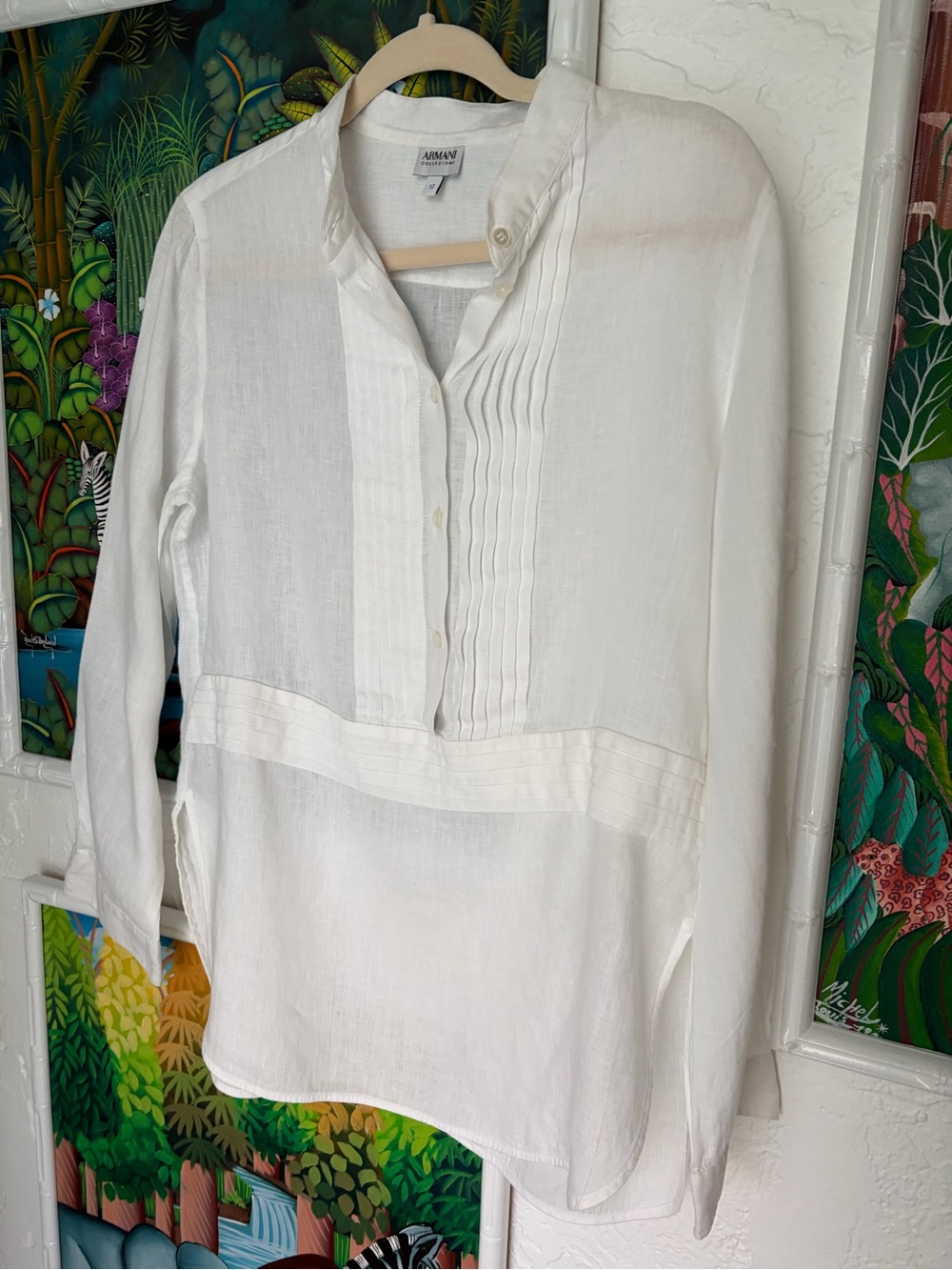 ARMANI White linen Long-Sleeve Pintuck Tunic Top